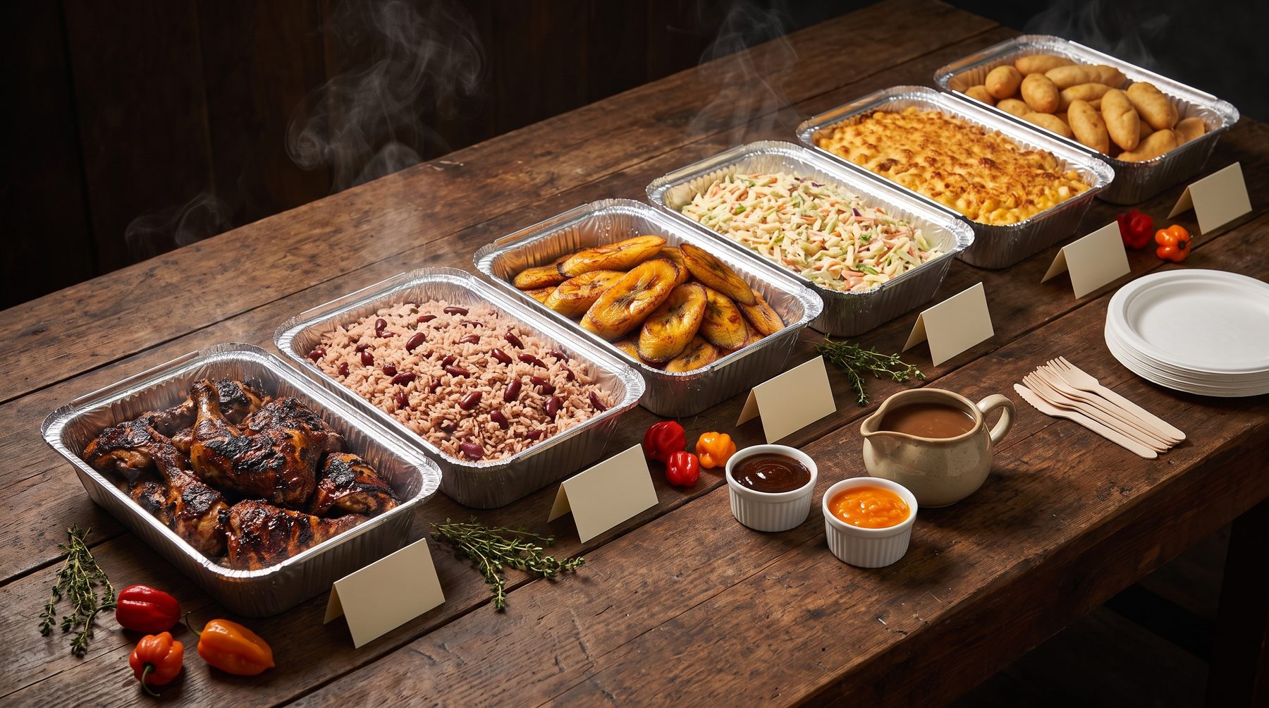 A Jerkeez buffet: trays of jerk chicken, rice and peas, fried plantain, coleslaw, mac and cheese and festival, with jerk sauce and gravy
